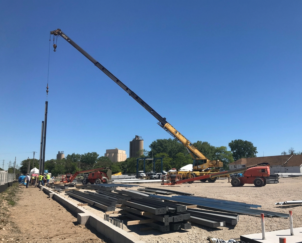 Crane setting structural steel members on an M3 Builders construction site