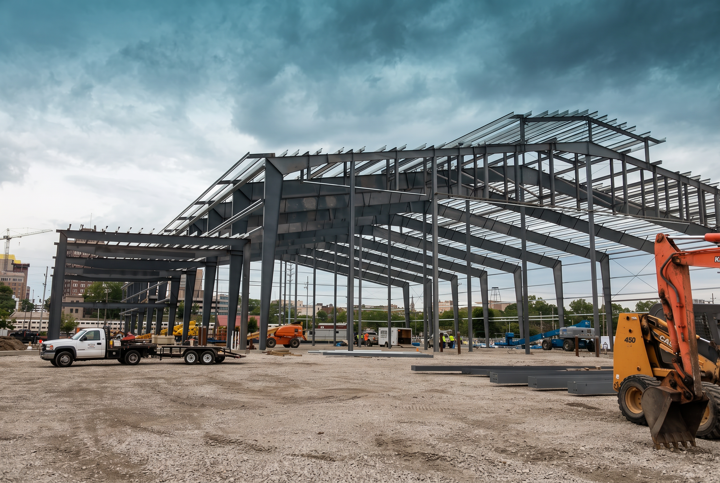 Multi-bay structural steel frame under construction with roof purlins being installed, boom lifts and workers on a gravel site under an overcast sky